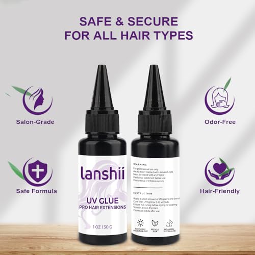 UV Lamp Hair Extension Tool Kit Invisible Hair Extensions UV Lamp 30g UV Hair Glue with 30ml Glue Remover Plastic Eyebrow Comb for UV Hair Set Eyelashes Extensions - color: Black