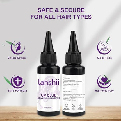 UV Lamp Hair Extension Tool Kit Invisible Hair Extensions UV Lamp 30g UV Hair Glue with 30ml Glue Remover Plastic Eyebrow Comb for UV Hair Set Eyelashes Extensions - color: Black