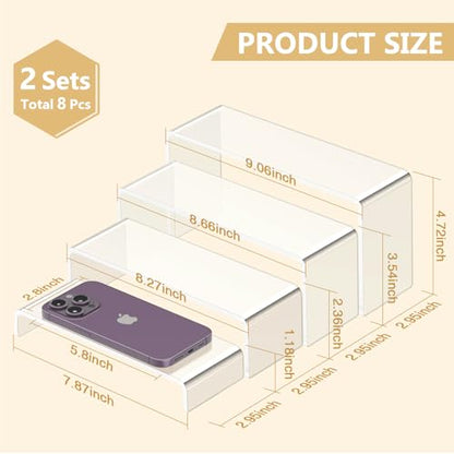 8 Pcs Large Acrylic Display Risers (7" L~9" L), Sturdy Rectangular Dessert Stands, Perfume Shelf Organizer, Clear Riser Stands, Display Shelves for Cupcake, Perfume, Figure, Collection, Decoration.