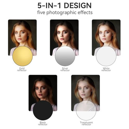 UTEBIT 31 Inch (80cm) Light Reflector Stand Kit Diffuser 5 in 1 Collapsible Multi Disc with Bag, 48 Inch Light Stand, Photography Reflector Holder-Translucent/Silver/Gold/White/Black - size: 31x31 Inch