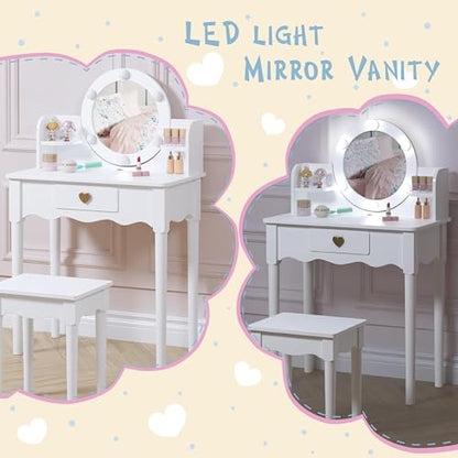 UTEX Kids Vanity, Girls Vanity Set with Mirror and Stool and Lights, Kids Vanity Table and Chair Set,Wooden Princess Makeup Desk Dressing Table, White - style: Golden Heart with LED Blubs