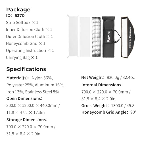 SMALLRIG 12'' x 47'' Quick Release Softbox Bowens FS-30120 with Diffuser/Honeycomb Grid/Bag, Softbox Compatible with SmallRig RC 220 pro, for Bowens Mount COB Lights, for Godox for Neewer -5370 - size: 12"x47"
