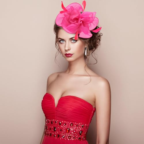 Fascinators Hats with Gloves Set for Women 20s 50s Cocktail Tea Party Wedding Costume Headwear - color: 03-rose Red