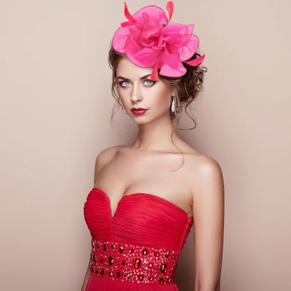 Fascinators Hats with Gloves Set for Women 20s 50s Cocktail Tea Party Wedding Costume Headwear - color: 03-rose Red