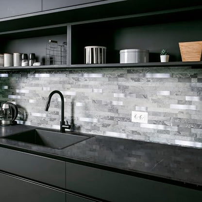Yipscazo 10 Sheets Peel and Stick Stone Metal Tile Backsplash, Stick on Tiles for Backsplash Kitchen, Bathroom, Laundry Room, Camper, Fireplace (12'' X 12'', Gray Stone with Metal) - color: Gray Stone With Metal