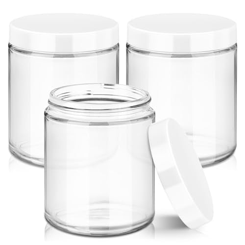 Tecohouse 8oz Glass Jars with Lids, 3 Pack Candle Jars with Blank Labels, 250g Clear Wide Mouth | Cosmetic Containers for Sample, Cream, Lotion, Honey, Powder, Jelly | Kitchen & Home - color: Clear-White Lids