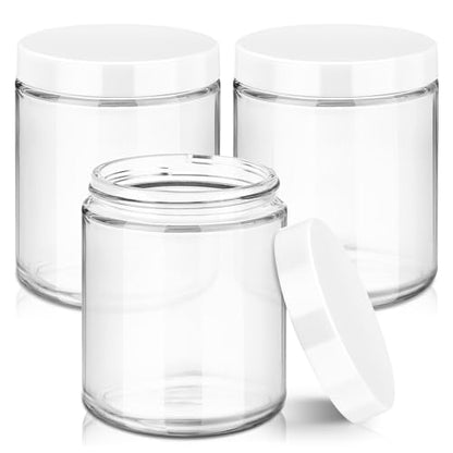 Tecohouse 8oz Glass Jars with Lids, 3 Pack Candle Jars with Blank Labels, 250g Clear Wide Mouth | Cosmetic Containers for Sample, Cream, Lotion, Honey, Powder, Jelly | Kitchen & Home - color: Clear-White Lids