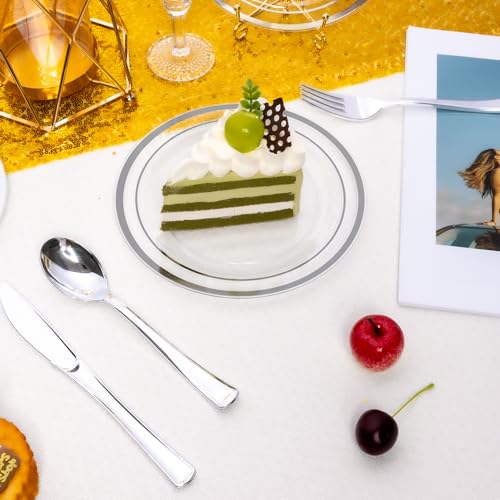 BESTSTAR 7 Inch Clear with Silver Rim Plastic Plates,100PCS Disposable Dessert/Appetizer/Small Cake Plates,Heavy Duty Plate Ideal for Wedding and Birthday Party - color: Clear Silver, size: 7 inch