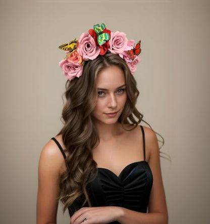 Elegant Butterfly Flower Headband for Women Boho Handmade Rose Floral Crown Wedding Bridal Festivals Cosplay Prom Photo Props Headpiece (A3 purple, Adjustable) - color: A3 purple