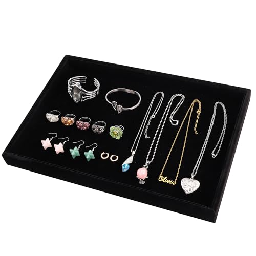 2 Pcs 13.8" x 9.5" Velvet Jewelry Tray Jewelry Display Tray, Stackable Empty Plate Trays for Earrings Necklaces Bracelet Rings Display Showcase - Black - color: Black, size: Flat Tray 13.8"x9.5"