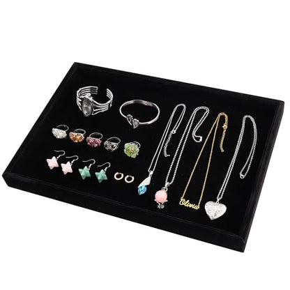 2 Pcs 13.8" x 9.5" Velvet Jewelry Tray Jewelry Display Tray, Stackable Empty Plate Trays for Earrings Necklaces Bracelet Rings Display Showcase - Black - color: Black, size: Flat Tray 13.8"x9.5"