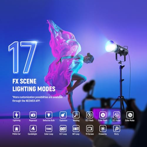 NEEWER CB 300C RGB LED Video Light with Reflector, 300W, APP/2.4G Control, 17 Scenes 29600Lux/1m 2500-7500K CRI97+/TLCI97+ Full Color Bowens COB Continuous Output Lighting Dimmable for Studio Filming
