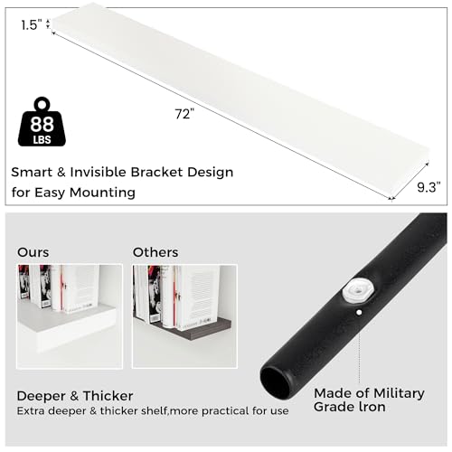 Venusmiles Floating Shelves for Wall, Engineered Wood Wall Shelves with Invisible Brackets for Living Room Bedroom Bathroom Office Kitchen Decor and Storage (White, 72" W x 9" D x 1.5" H) Set of 1 - color: Matte White, size: 72"W, Set of 1