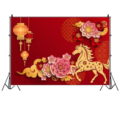 AOFOTO 8x6ft Happy Chinese New Year Backdrop China Spring Festival Lunar Year of The Horse Decoration Banner Paper Cut Flowers CNY Lanterns 2026 Background Party Supplies Photoshoot Studio Props - size: 8x6ft