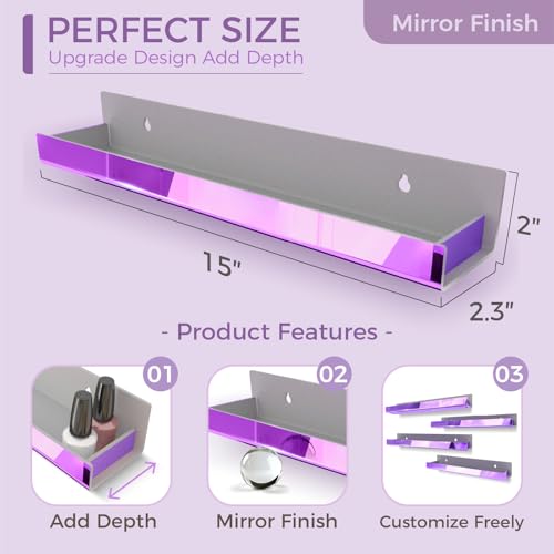 4 Pack 15 Inch Purple Reflective Acrylic Shelves, Purple Floating Shelves, Modern Sunglasses Essential Oil Picture Ledge Display Toy Storage Shelf - color: 15in-purple Mirror