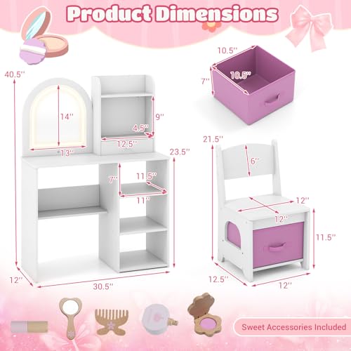 Costzon Kids Vanity with Lights, Girls Vanity Set with Mirror, Storage Drawer, Hooks & Shelves, Toddler Makeup Vanity Desk Dressing Table, Wooden Kids Vanity Table and Chair Set (White) - style: White with Open Shelves