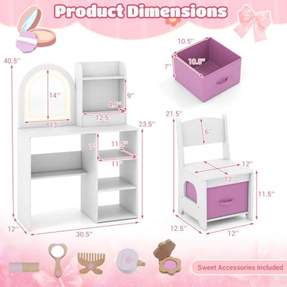 Costzon Kids Vanity with Lights, Girls Vanity Set with Mirror, Storage Drawer, Hooks & Shelves, Toddler Makeup Vanity Desk Dressing Table, Wooden Kids Vanity Table and Chair Set (White) - style: White with Open Shelves