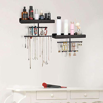 Keebofly Hanging Wall Mounted Jewelry Organizer with Rustic Wood Jewelry Holder Display for Necklaces Bracelet Earrings Ring Set of 2 Black,[Patented] - color: Black