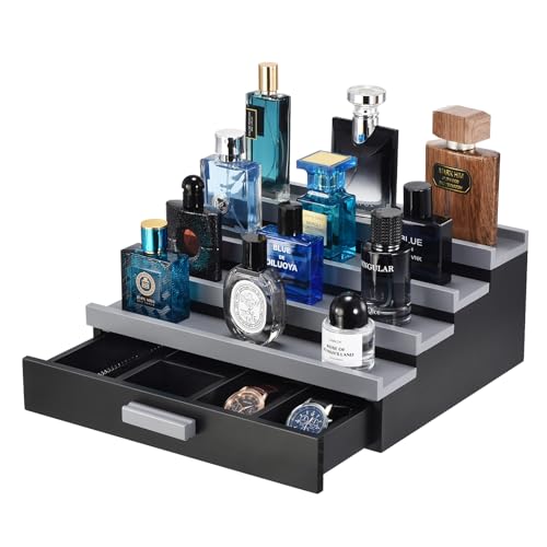 Perfume Organizer for Men, 4 Tier Wood Perfume Display Stand with Velvet Lining Drawer and Hidden Compartment for Watch,Jewelry,Perfume Display Risers,A Gift for Men (Black+Gray) - style: 4 Tier - BlackGrey