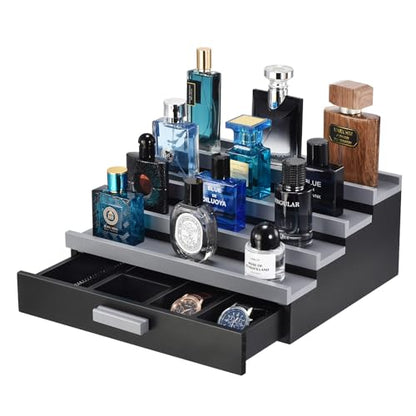 Perfume Organizer for Men, 4 Tier Wood Perfume Display Stand with Velvet Lining Drawer and Hidden Compartment for Watch,Jewelry,Perfume Display Risers,A Gift for Men (Black+Gray) - style: 4 Tier - BlackGrey