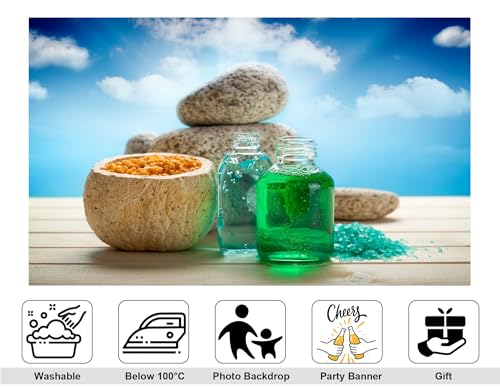 10x5ft Green Spa Backdrop with Turquoise Bath Salts and Stacked Stones Photography Background for Skincare Relaxation and Summer Party Decorations Banner Photo Booth Props - size: 10x5ft