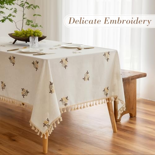 Meikelor Floral Linen Table Cloth for 8 Foot Rectangle Table Brown Flower Pattern Embroidered Tablecloth Cream Colored Fabric Neutral Farmhouse Thick Faux Burlap Tablecloth for Dining Buffet 60 x 120 - color: Brown Embroidered Floral Pattern, size: 120" x
