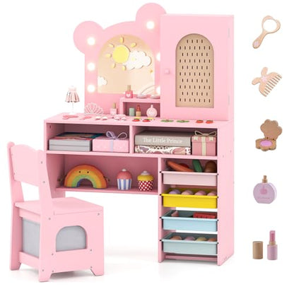 Costzon Kids Vanity with Lights, Girls Vanity Set with Mirror, Storage Drawers, Cabinet & Shelves, Toddler Makeup Vanity Desk Dressing Table, Wooden Kids Vanity Table and Chair Set (Pink) - style: Pink with Storage Bins