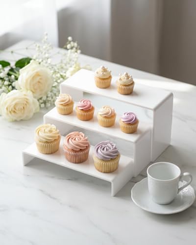 Acrylic Display Risers 2 Sets 3 Tier Cupcake Stand for Dessert Jewelry Pop Figures Shelves Retail Shoe Showcase (White) - color: White