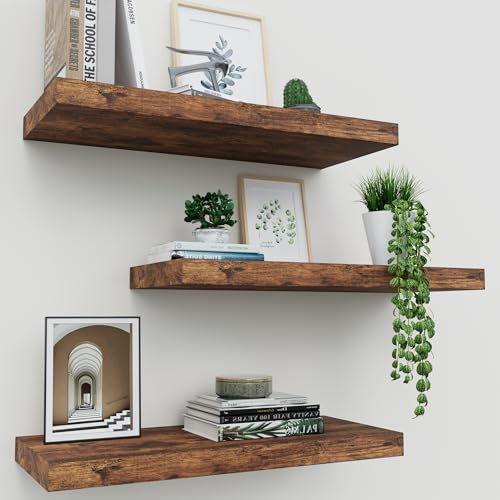Upassion Floating Shelves for Wall Set of 3, 16" Rustic Brown Floating Shelves, Home Decor, Frame Display Wall Shelf for Bedroom, Kitchen, Bathroom, Living Room - color: Rustic Brown, size: 16 Inch