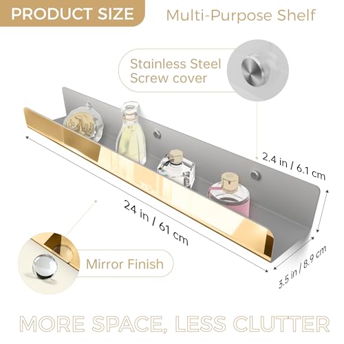 2 Pack 24 Inch Gold Reflective Acrylic Shelves, Gold Foating Shelves, Modern Sunglasses Essential Oil Picture Ledge Display Toy Storage Shelf - color: 24in-gold Mirror