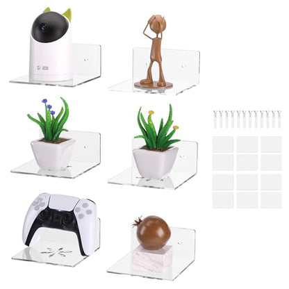 Acrylic Wall Shelves,Clear 6 inch Floating Shelves for Display,Echo,Cameras,Speaker,Router Wall Mounted Transparent Small Invisible Shelves with Adhesive Bedroom Bathroom Living Room - color: Clear, size: 6 Inch -6Pack