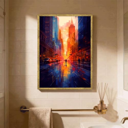 Framed Sunset Cityscape Canvas Print Modern Contemporary Poster Wall Art Stunning Painting Pictures Wall Decor for Living Room Office Home Decoration (16L x24W,Gold Framed) - size: 16l"x24w"