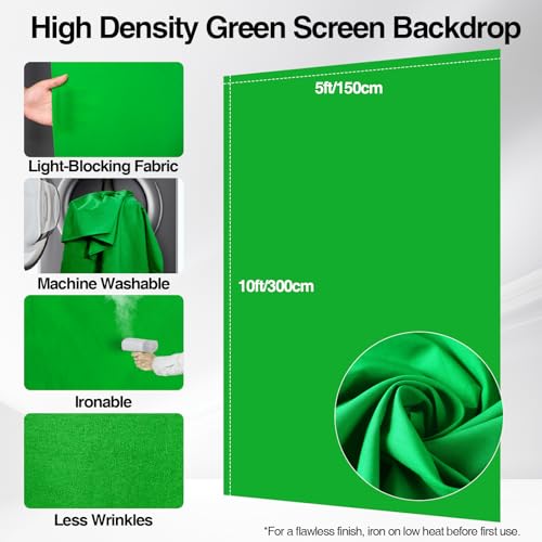 5x10ft Green Screen Backdrop Kit with Stand, Portable Greenscreen Background Includes Foldable T-Stand, 6 Clips and Carry Bag for Streaming, Gaming, Meeting, Video Production, Photography - size: 5x10ft