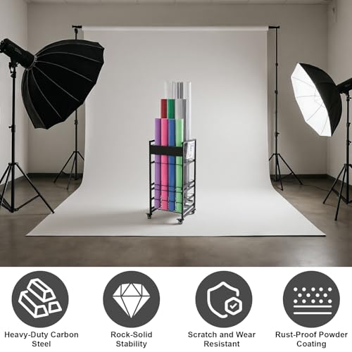 Thyle Seamless Paper Backdrop Storage Rack Holds 12 Rolls, Background Paper Roll Display Stand with 4 Locking Wheels, Heavy Duty Backdrops Rolls Storage Stand for Photography Studio Retail Display