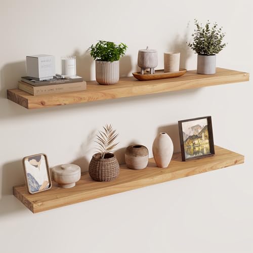 Axeman Floating Shelves for Wall - 40''W x 8'' D Rustic Solid Elm Wood Shelves for Storage, Wall Mounted Display Shelving with Invisible Heavy-Duty Metal Bracket (Natural, 2PCs) - color: Natural Elm With Flat Edge, size: 40 inches - 2P