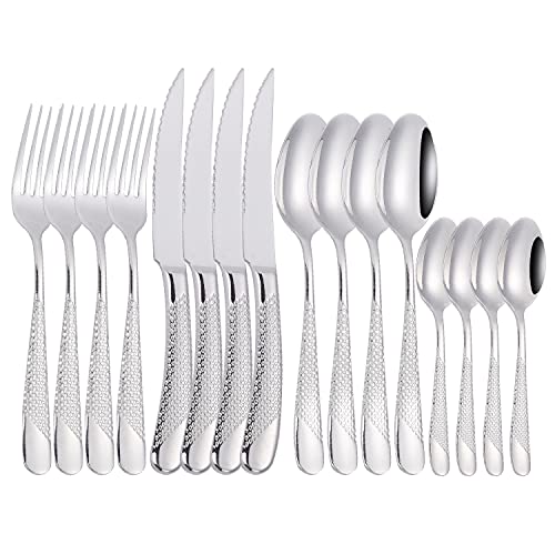 16 Piece Silverware Set,Stainless Steel Flatware Set Spoon and Fork Set for 4,Kitchen Utensil Cutlery Set Mirror Finish Dishwasher Safe Gift Package (silver) - color: Silver