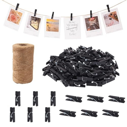 100Pcs Black Clothespins with String, 1.4Inch Wooden Clothes Pins with 328Ft Jute Twine, Mini Photo Display Clips, Black Clips for Hanging Photo, DIY Crafts,Wall Art, Baby Shower - color: Black
