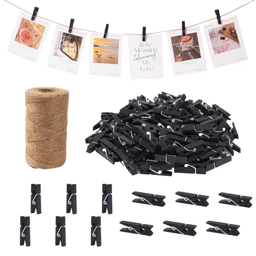 100Pcs Black Clothespins with String, 1.4Inch Wooden Clothes Pins with 328Ft Jute Twine, Mini Photo Display Clips, Black Clips for Hanging Photo, DIY Crafts,Wall Art, Baby Shower - color: Black