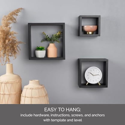 MELANNCO Floating Wall Square Cube Shelves for Bedroom, Living Room, Bathroom, Kitchen - Wood, Set of 3, Black - color: Black, size: Set of 3