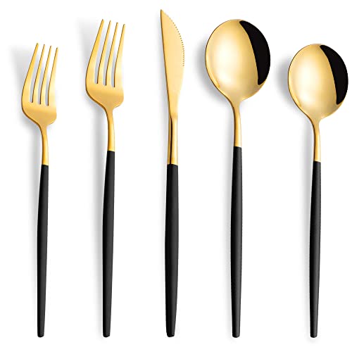 40 Piece Black Gold Silverware Set,Stainless Steel Flatware Cutlery Set Service for 8 Including Forks Spoons Knives,Kitchen Utensil Set,Tableware for Home and Restaurant, Dishwasher Safe - color: Black/Gold, size: 40-Piece