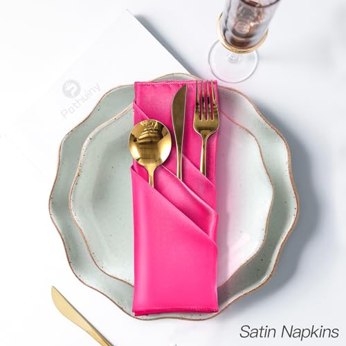 P Pothuiny 12 Pcs Silky Hot Pink Satin Napkins 17 x 17 Inches, Square Smooth Wedding Dinner Napkins Satin Cloth Napkins Table Napkins for Banquet Party Restaurant Decor, Thanksgiving, Christmas - color: Hot Pink