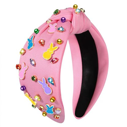 NVENF Easter Headband for Women Beaded Easter Rabbit Bunny Headband White Pink Crystal Pearl Knotted Headbands Happy Easter Hair Accessories Spring Holiday Headwear Outfits Gifts (Bunny C - Pink) - color: Bunny C - Pink