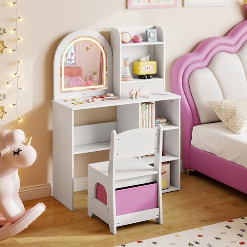 Costzon Kids Vanity with Lights, Girls Vanity Set with Mirror, Storage Drawer, Hooks & Shelves, Toddler Makeup Vanity Desk Dressing Table, Wooden Kids Vanity Table and Chair Set (White) - style: White with Open Shelves