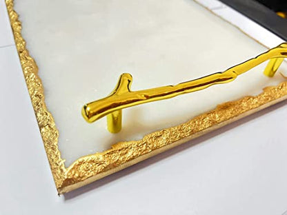 White and Gold Marble Tray (11.7X7.8X1.5 Inch, 4lbs) Luxury Display in Home and Kitchen for Table Handmade, Luxury Tray (White, Gold) - color: Gold,golden,white