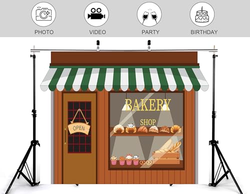 8x5ft Cartoon Bakery Shop Front Backdrop Green White Awning Pastry Display Photography Background Bright Cheerful Baking Party Home Decor Photo Booth Decorations Banner Photo Studio Props - size: 8x5ft