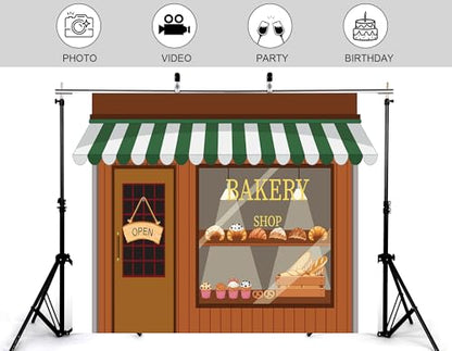 10x8ft Cartoon Bakery Shop Front Backdrop Green White Awning Pastry Display Photography Background Bright Cheerful Baking Party Home Decor Photo Booth Decorations Banner Photo Studio Props - size: 10x8ft
