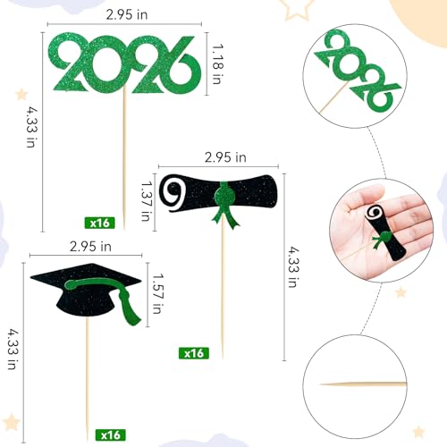 Pre-Assembled Graduation Cupcake Toppers 48 PCS, Class of 2026 Mini Cake Decorations Grad Cap & Diploma, Food & Appetizer Picks for Graduation Party - color: Green