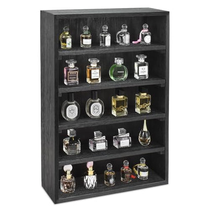 Ikee Design Wooden Wall-Mounted Display Shelves Rack for Collectibles, Figures,Shot Glasses,Spice Can,Cosmetics or Perfume, 5 Adjustable Height Shelves,Space-Saving, Black Color - color: Black, 5 Shelves