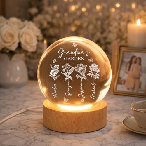Noni Personalized Grandma's Garden Crystal Ball LED Night Light, Custom Birth Month Flowers, Heartfelt Gift for Grandma, Mom, Mother's Day Style 03 - color: Style 03