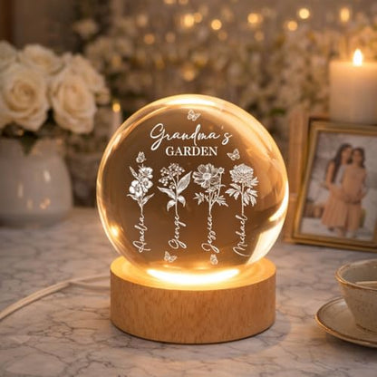Noni Personalized Grandma's Garden Crystal Ball LED Night Light, Custom Birth Month Flowers, Heartfelt Gift for Grandma, Mom, Mother's Day Style 03 - color: Style 03